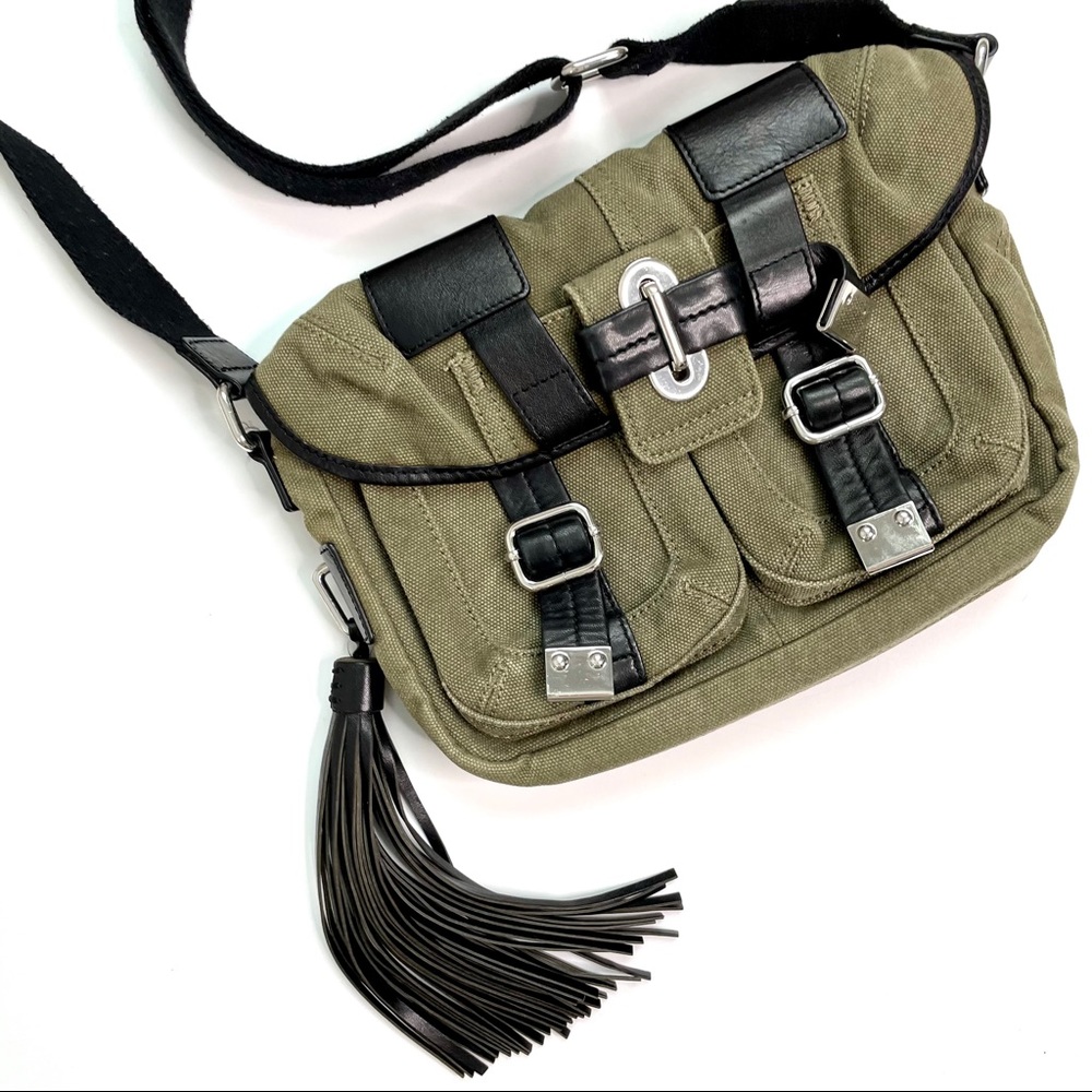 L.A.M.B. Olive Green Canvas Crossbody Bag with Black Leather Trim